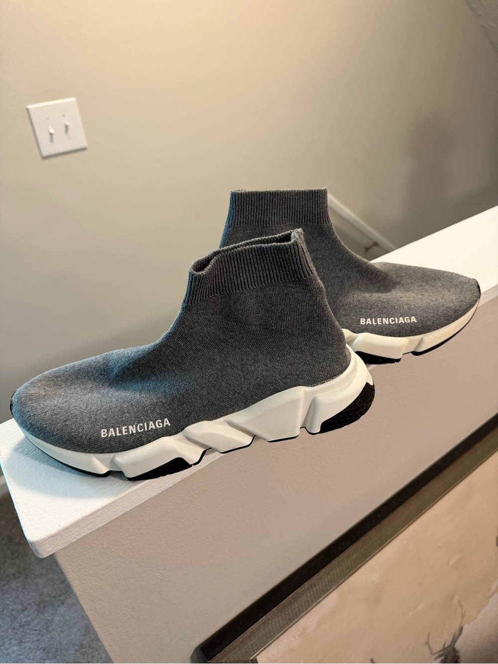 Balenciaga Grey Knit Sock Sneakers with White Chunky Sole